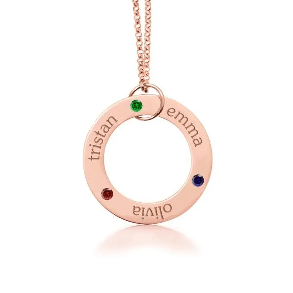 14k Gold Circle Pendant Necklace - 3 Names With Birthstones