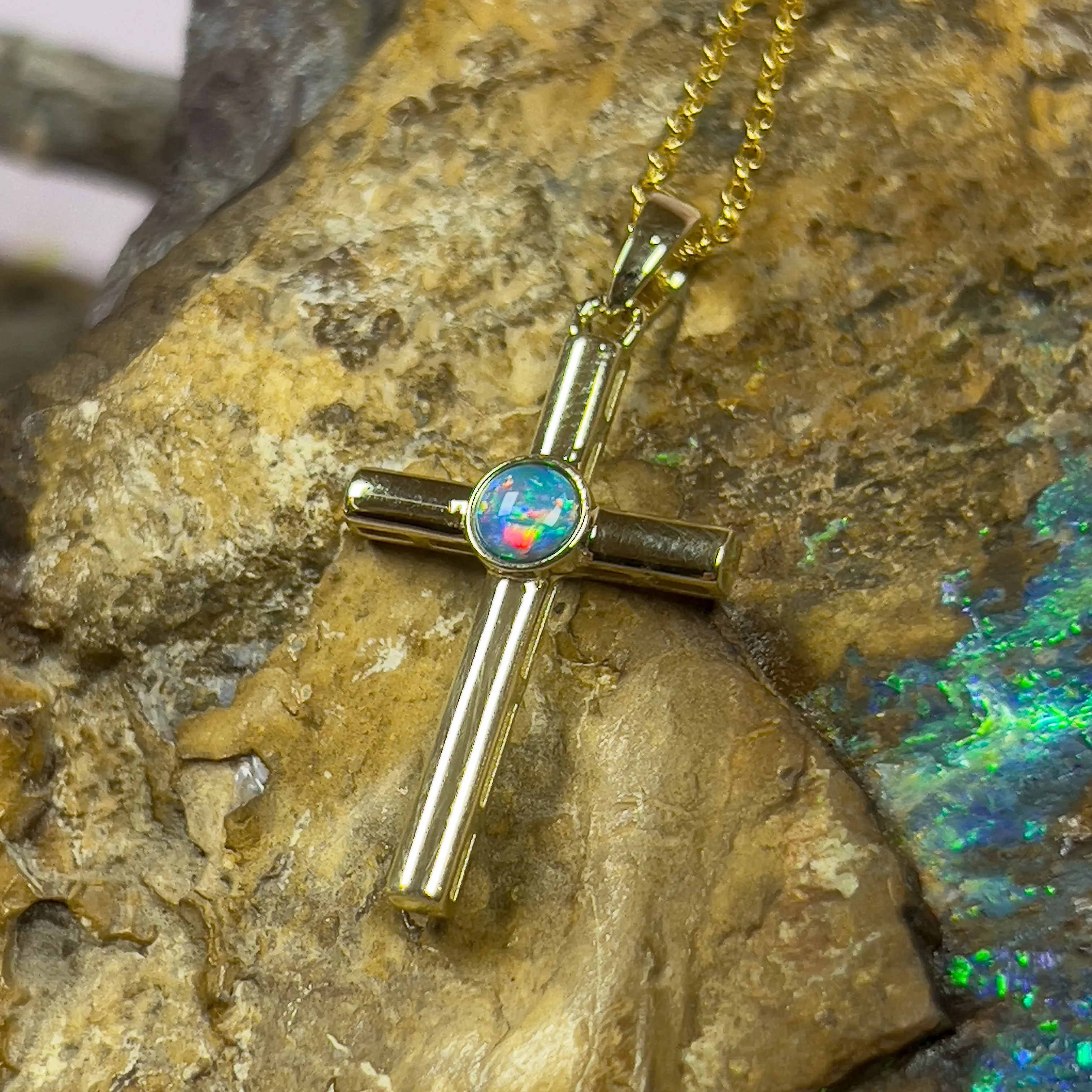 14kt Yellow Gold Opal 4mm Cross pendant