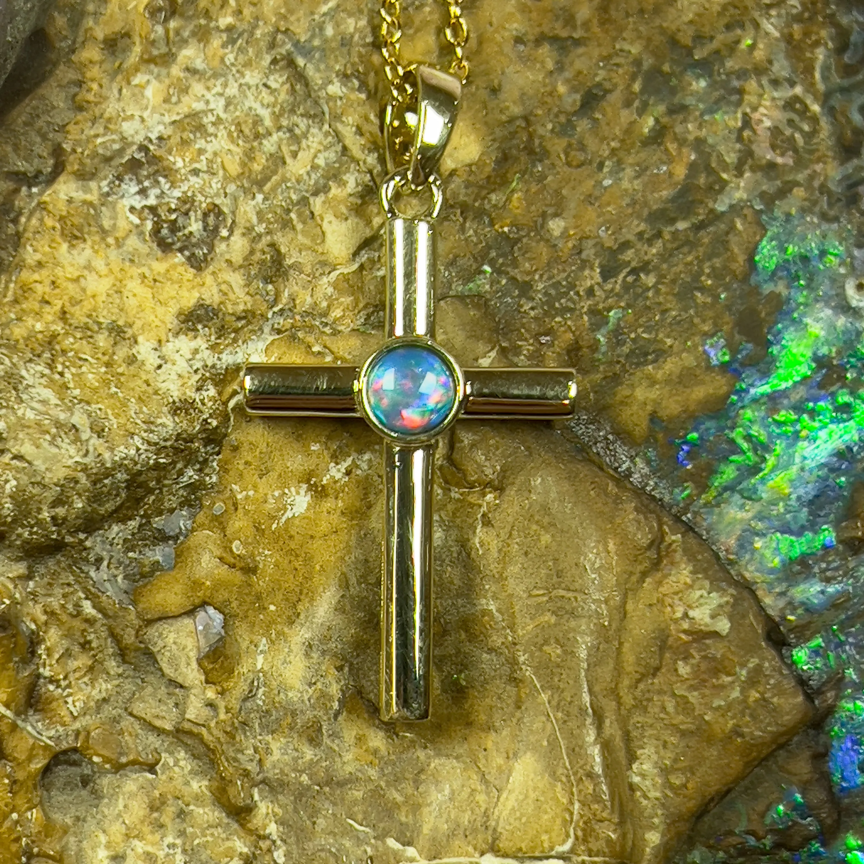 14kt Yellow Gold Opal 4mm Cross pendant