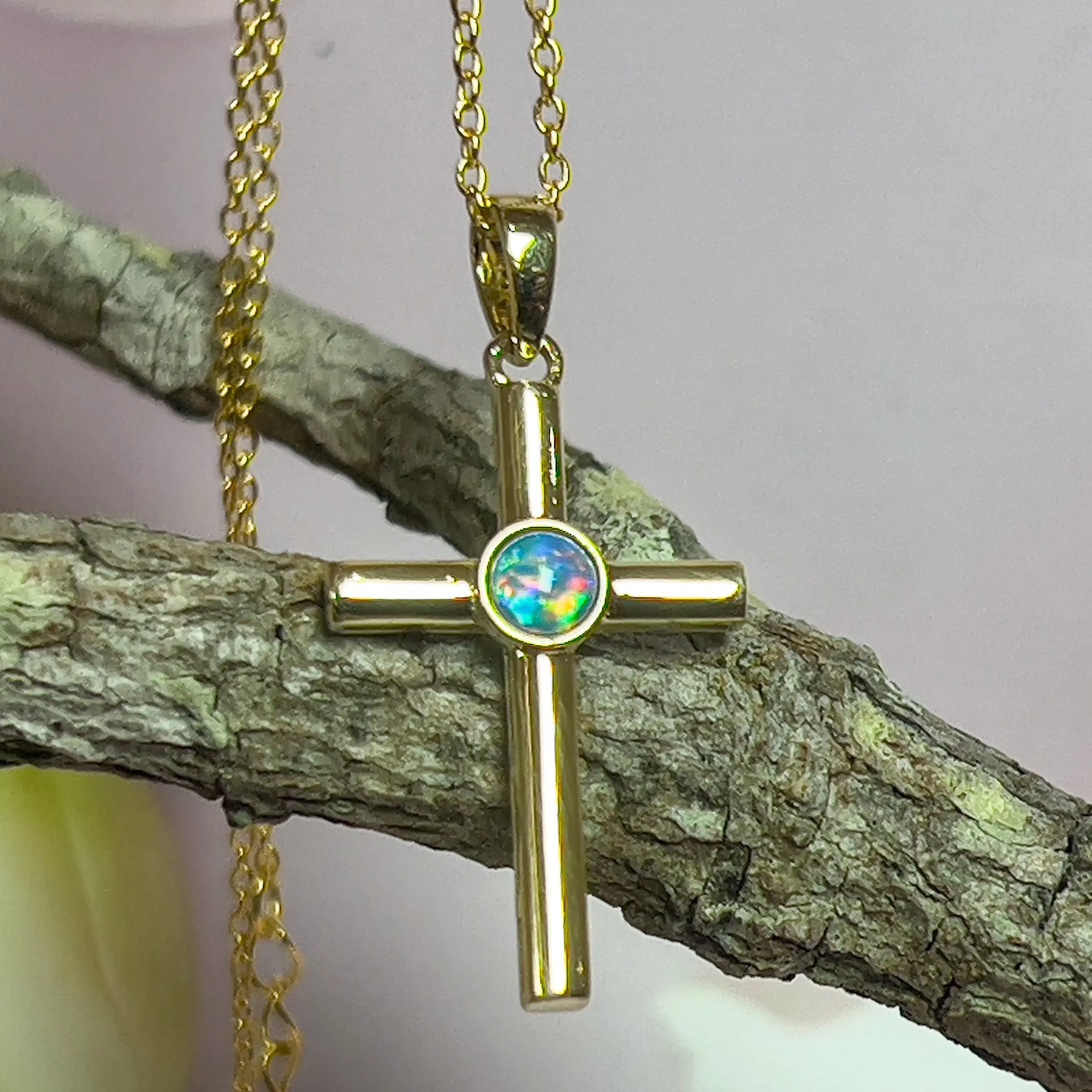 14kt Yellow Gold Opal 4mm Cross pendant