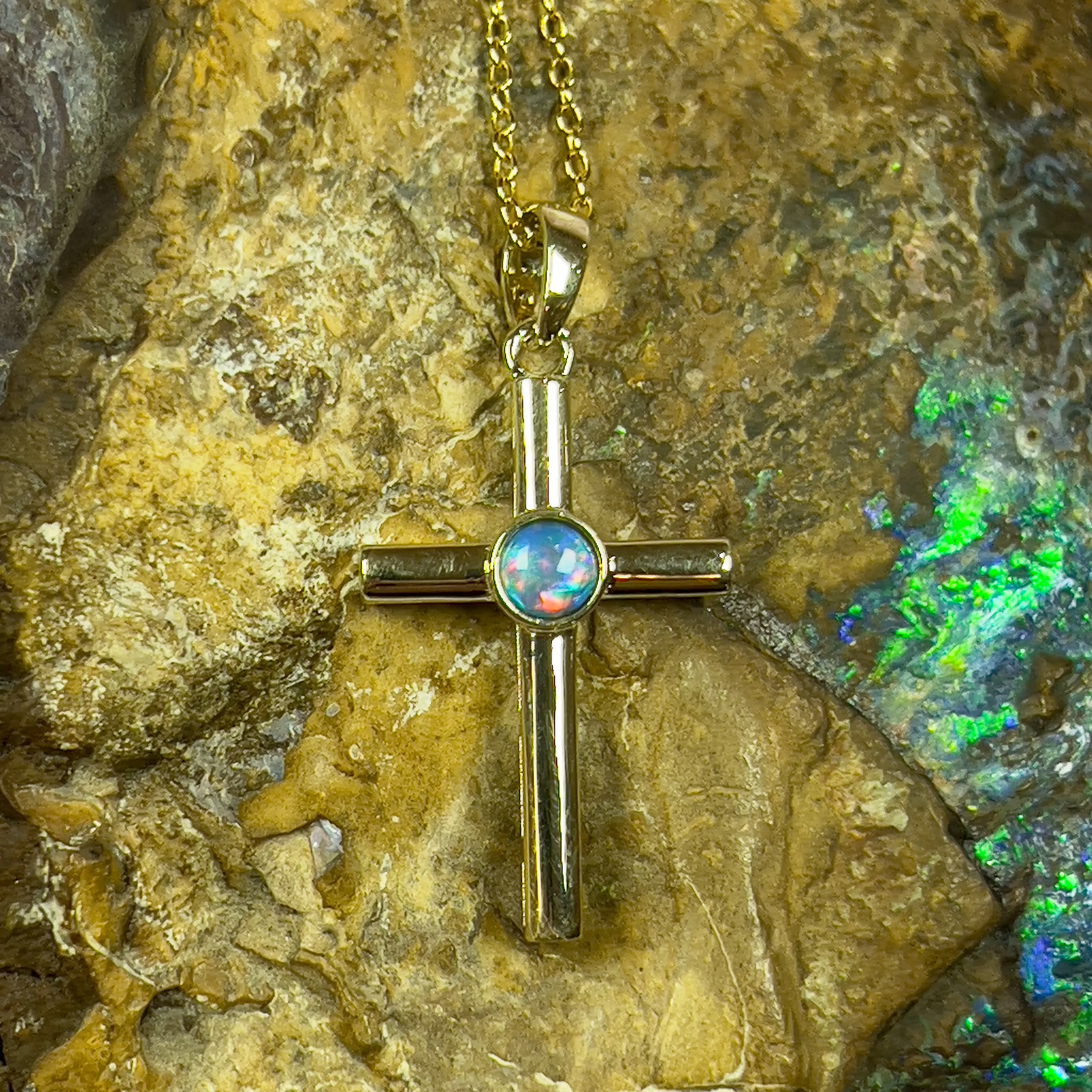 14kt Yellow Gold Opal 4mm Cross pendant