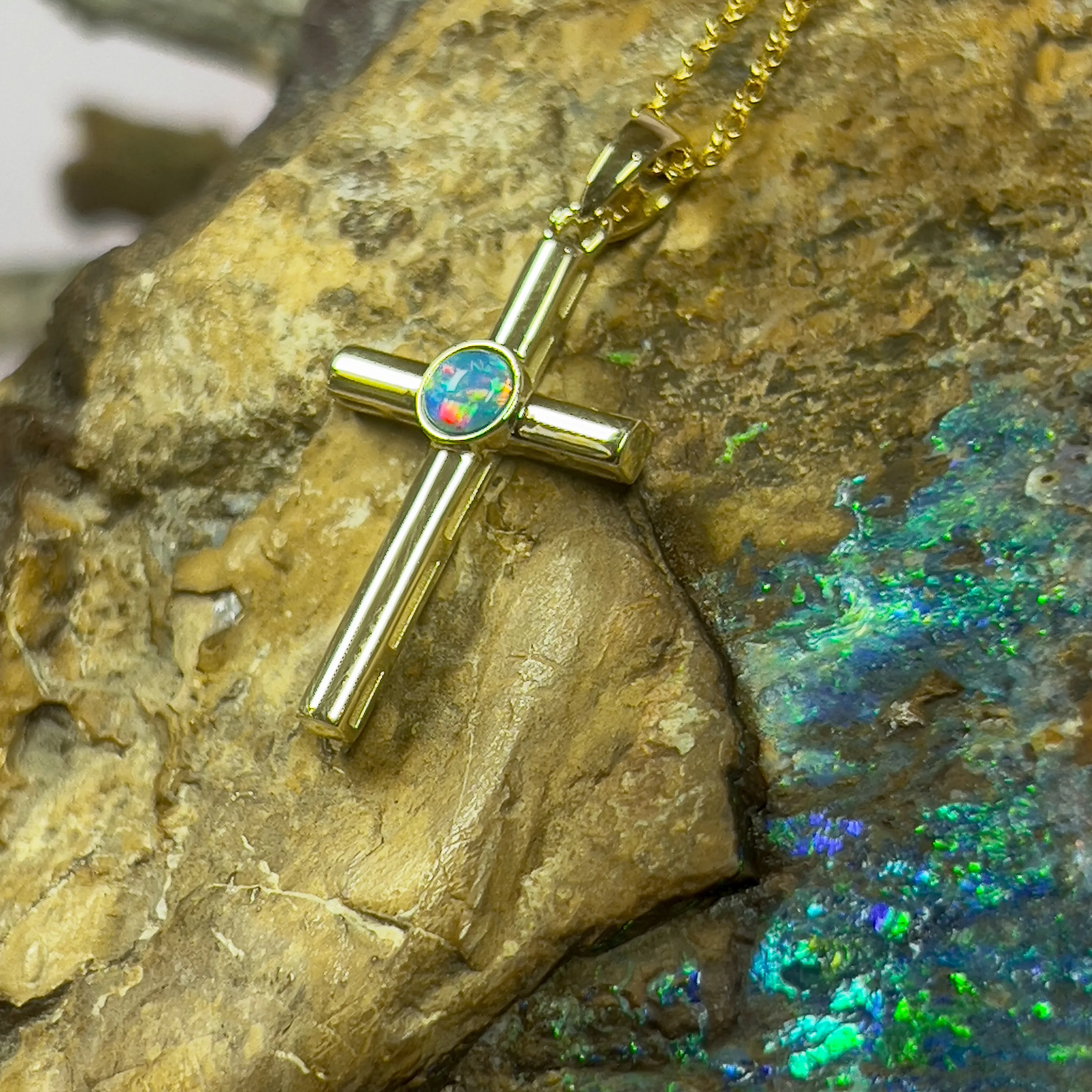 14kt Yellow Gold Opal 4mm Cross pendant