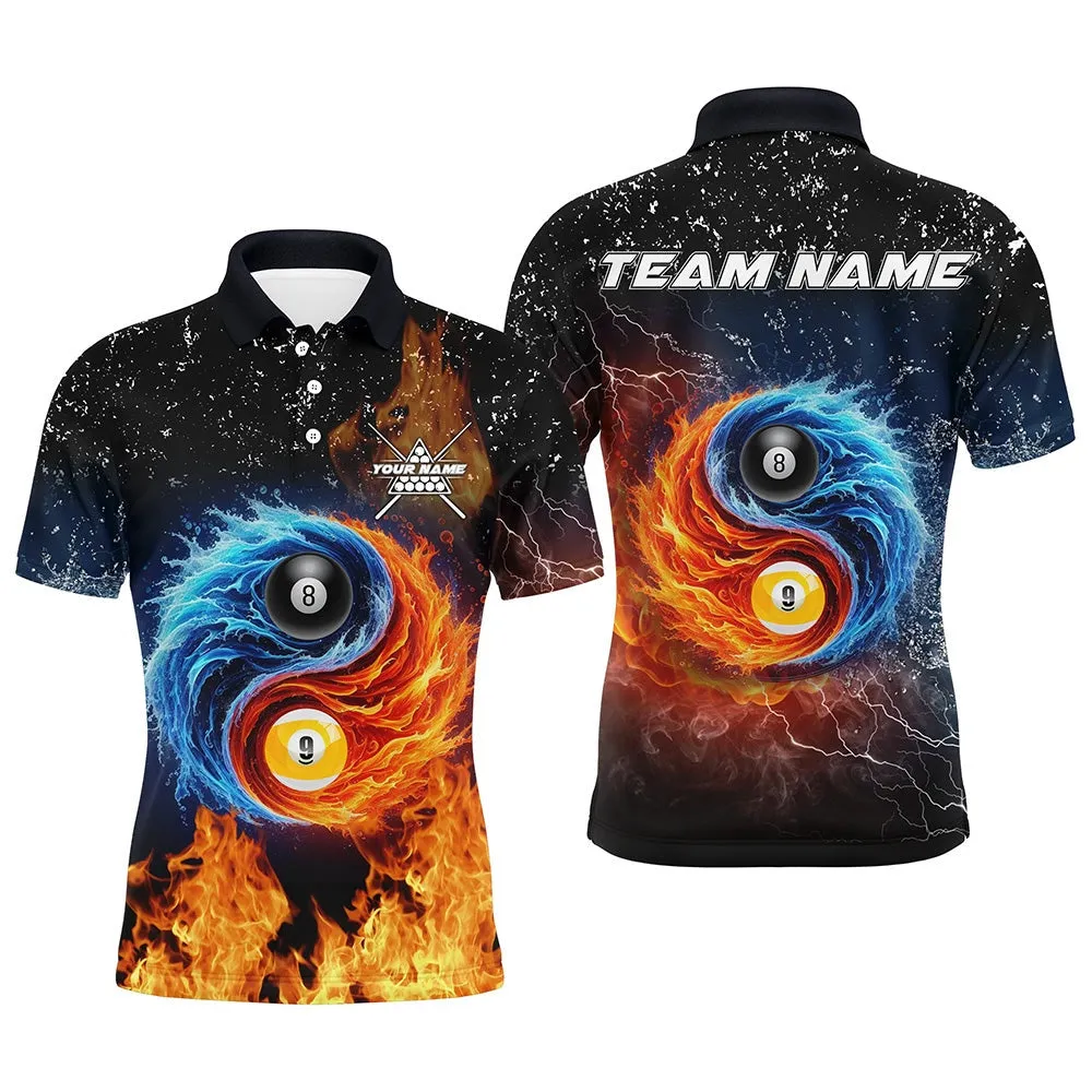 3D Billiard 8 Ball & 9 Ball Water Fire Customized Grunge Men Polo, 14 Zip Shirts, Billiard Jerseys, Short Sleeve Quarter Zip Jersey For Men