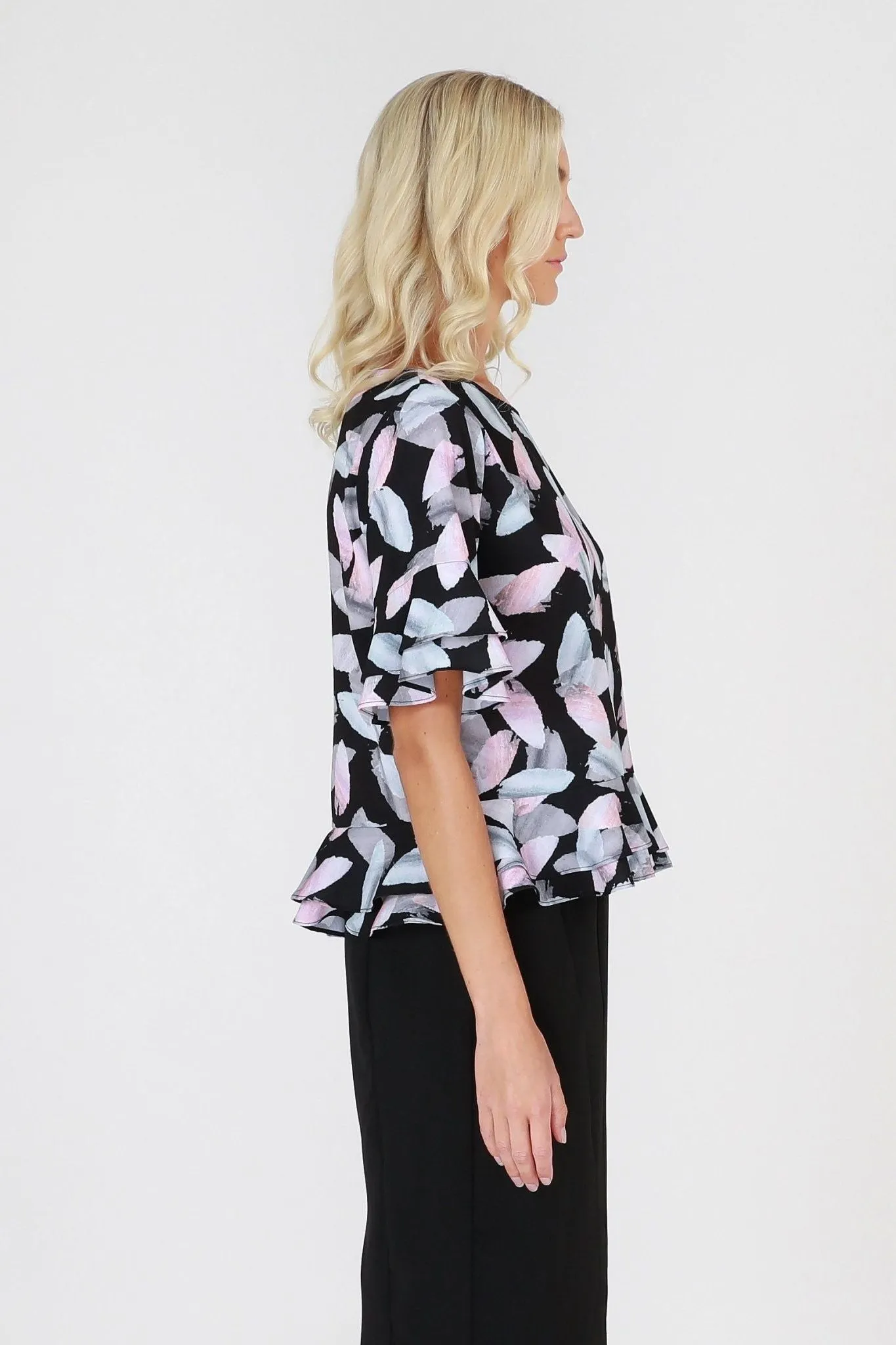 3RD Love Rainbow Romance Ruffled Hem Top in Print