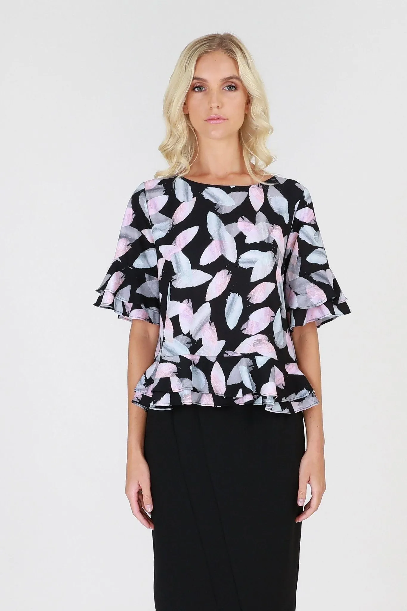 3RD Love Rainbow Romance Ruffled Hem Top in Print