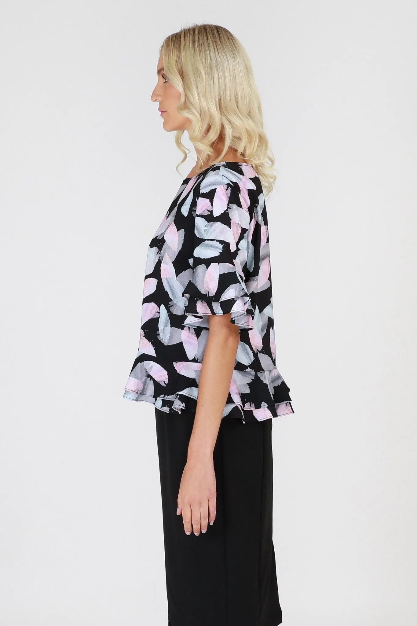 3RD Love Rainbow Romance Ruffled Hem Top in Print