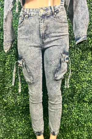 Acid Wash Cargo Jeans - Blue