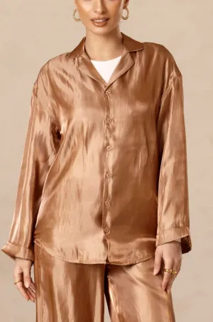 Anikka Satin Button Down Shirt - Cinnamon