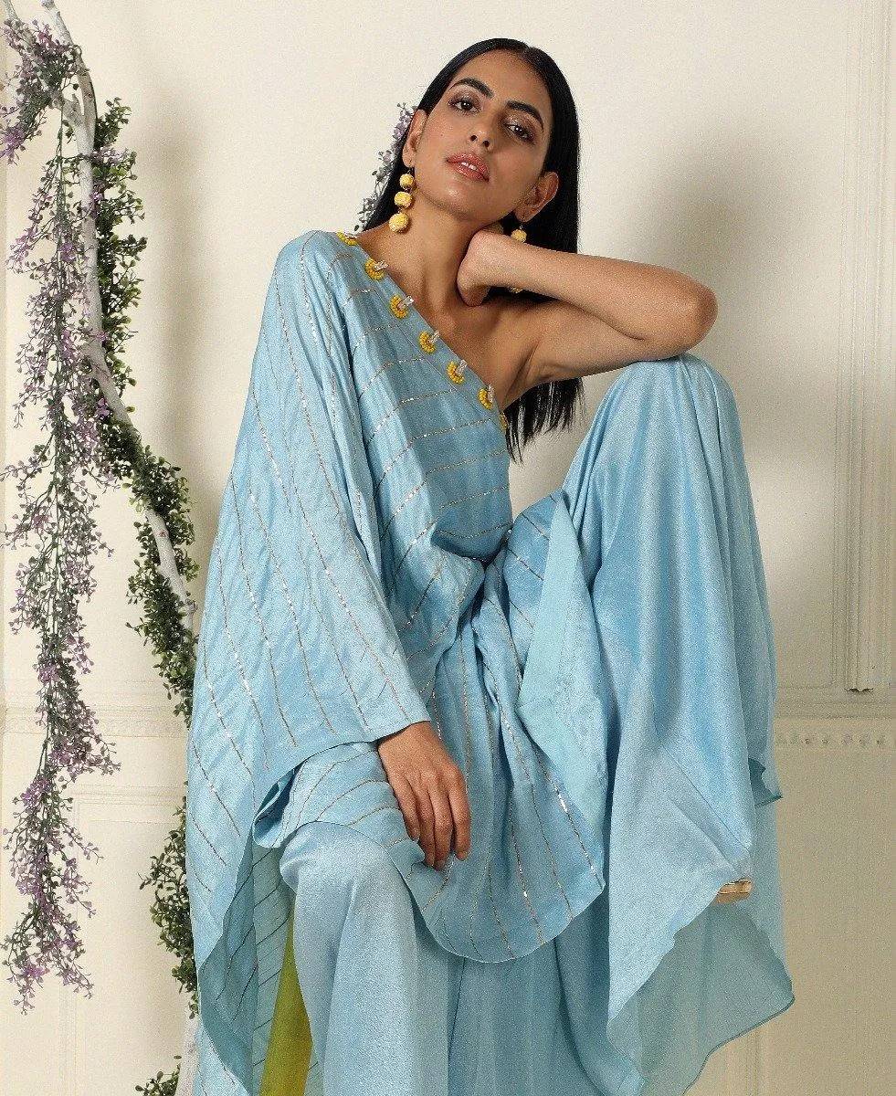 Ash Blue One Shoulder Tunic/Palazzo Set of 2