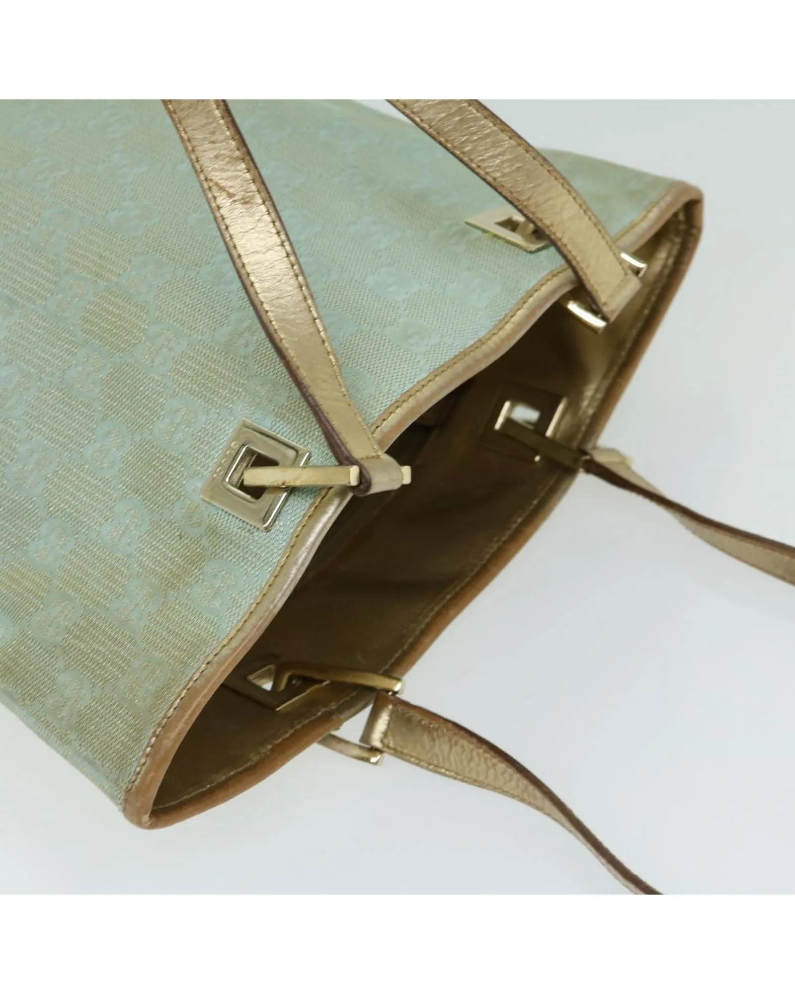 Authentic Light Blue GG Canvas Hand Bag with Gold Accents