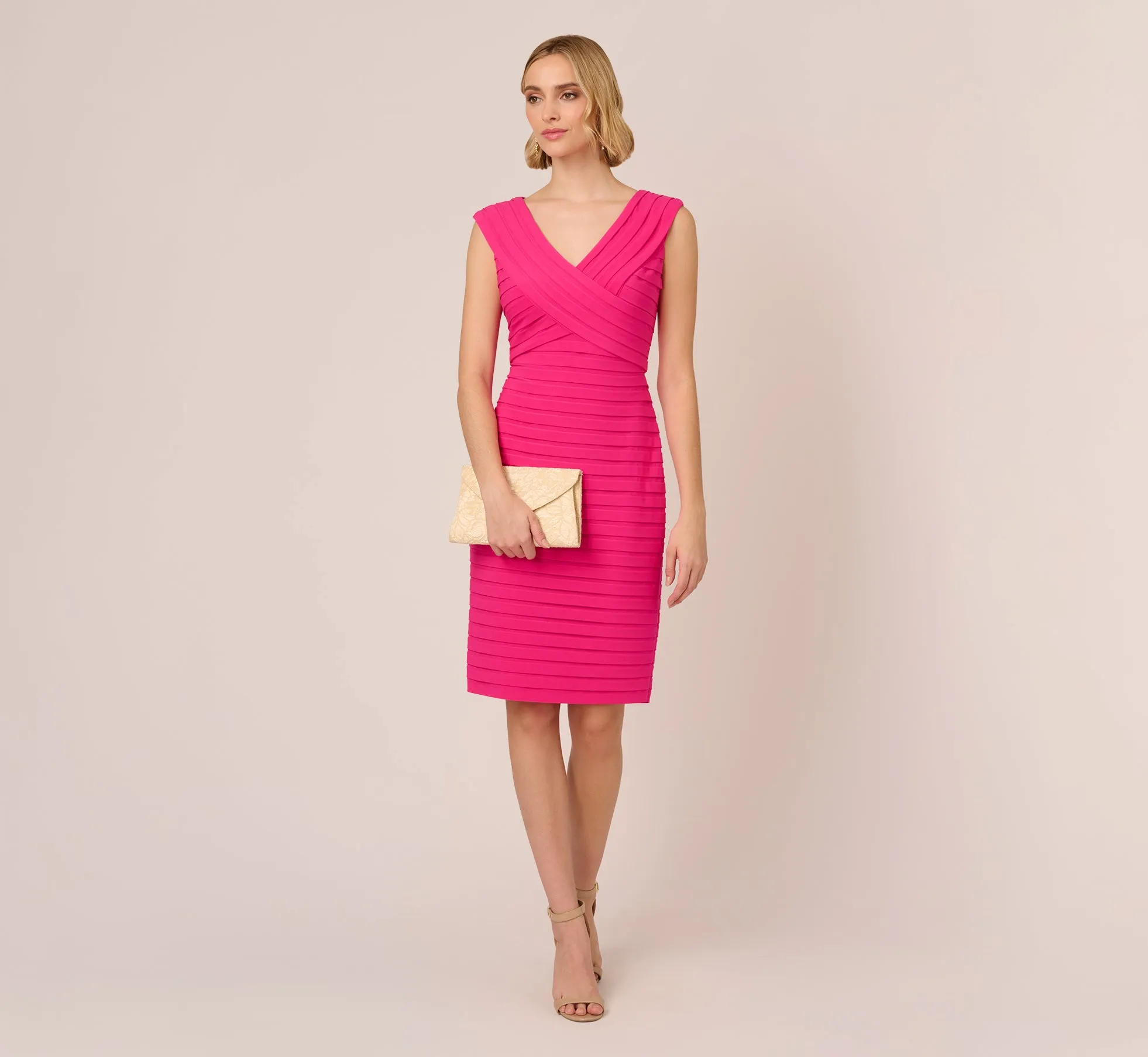 Banded Jersey Sheath Dress With Extended Shoulders In Electric Pink