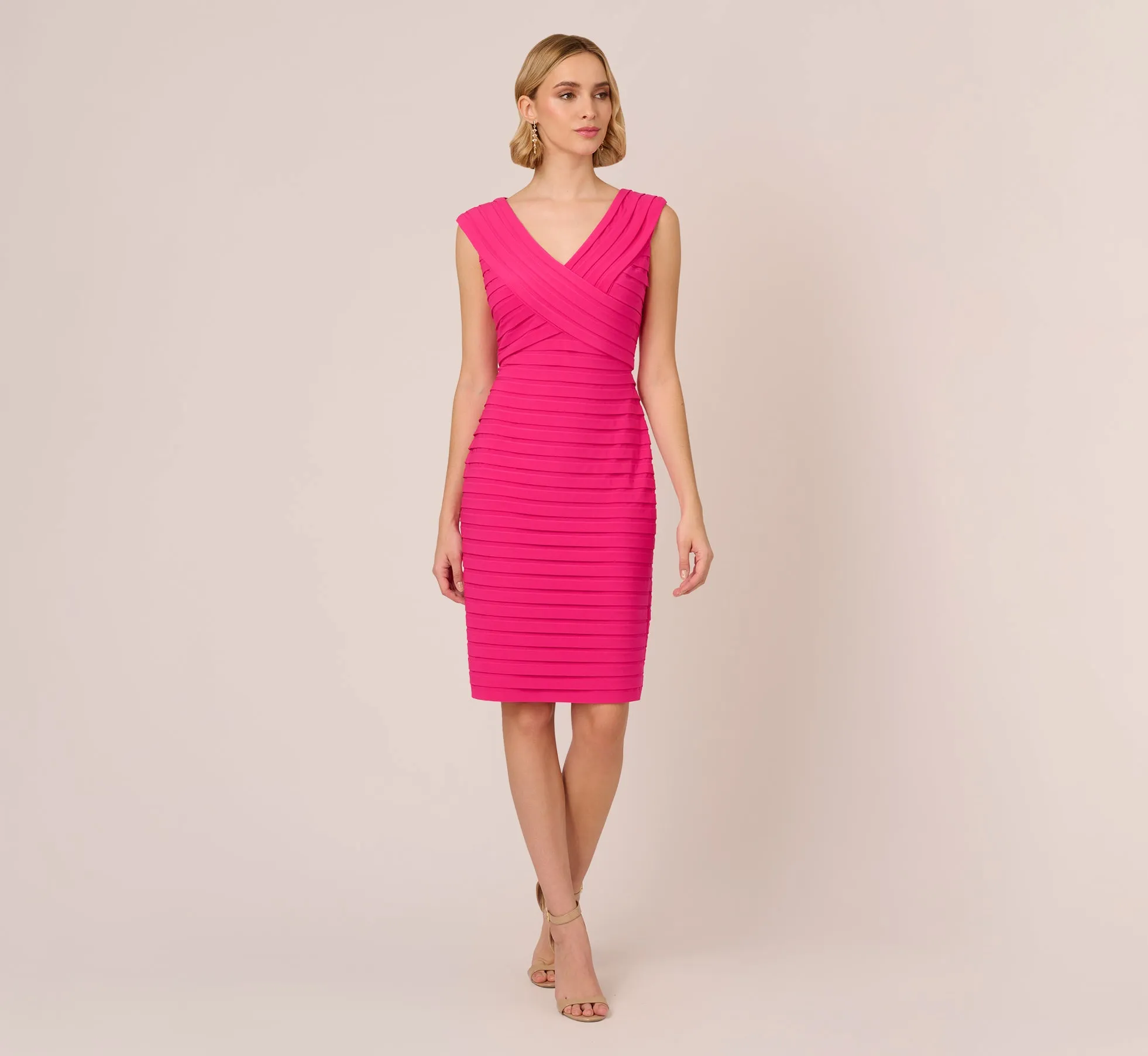 Banded Jersey Sheath Dress With Extended Shoulders In Electric Pink