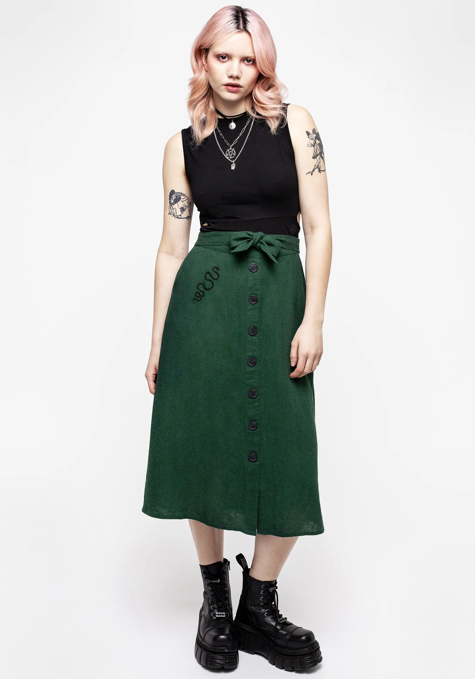 Basilisk Green Linen Blend Button Up Midi Skirt