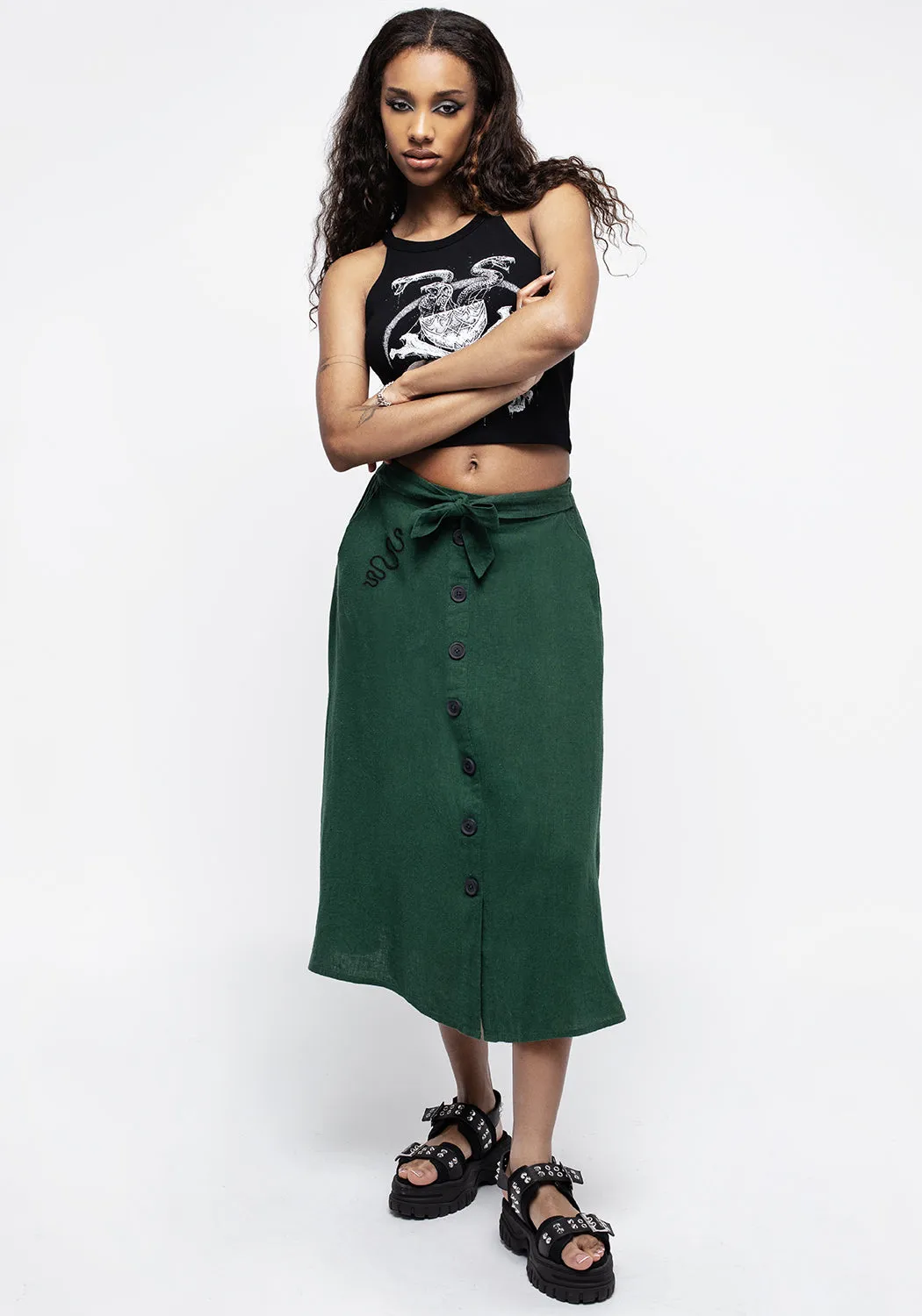 Basilisk Green Linen Blend Button Up Midi Skirt