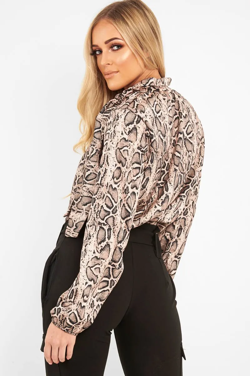 Beige Snake Print Satin Long Sleeve Bow Shirt - Abrah