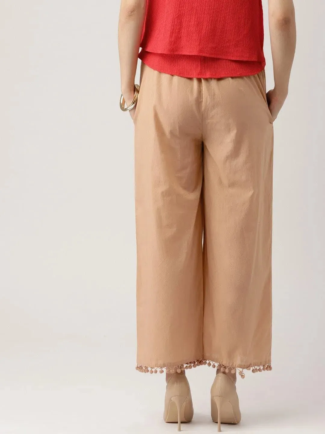 Beige Solid Cotton Palazzos