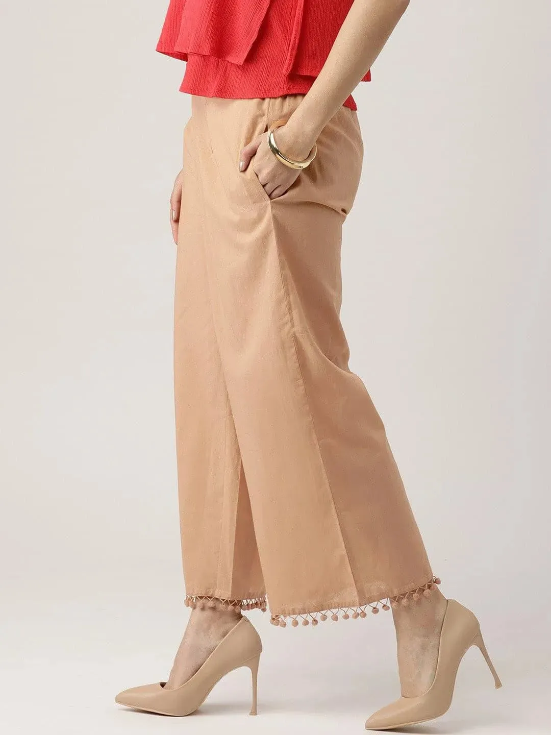 Beige Solid Cotton Palazzos