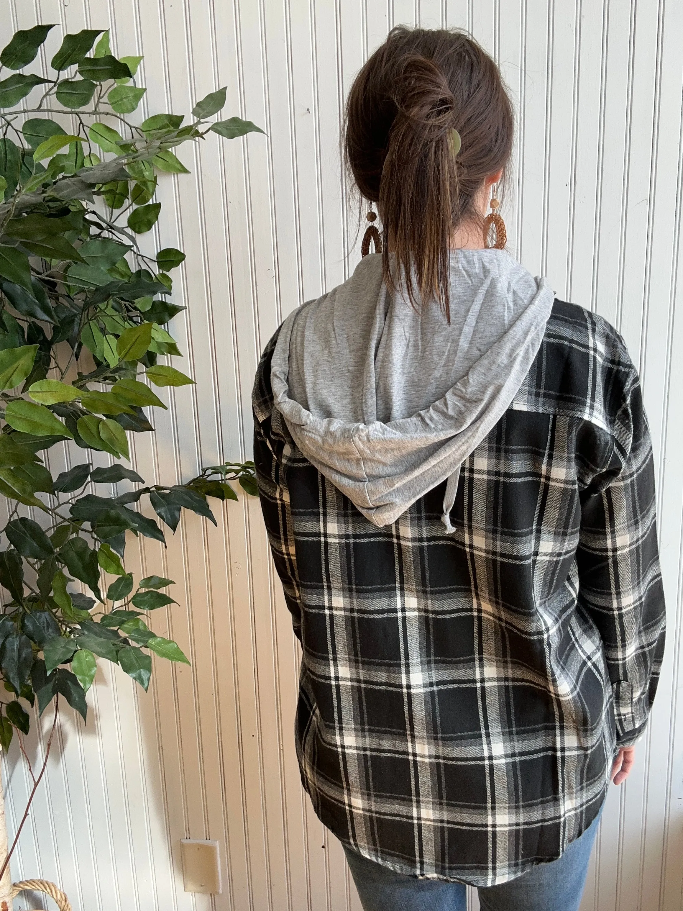 Black & White Lightweight Plaid Shacket with Hood-Plus