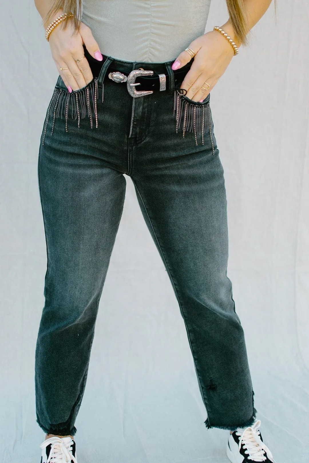 Black Rhinestone High Rise Jean