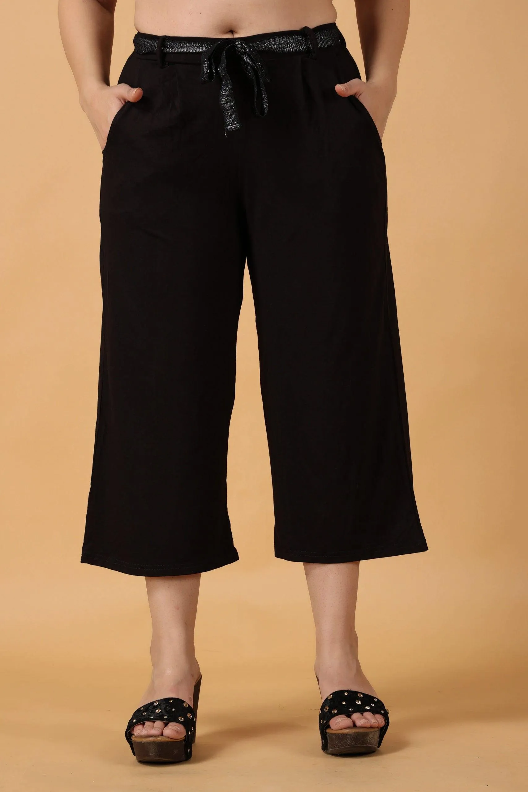 Black Solid Cropped Palazzo with Shimmer Belt