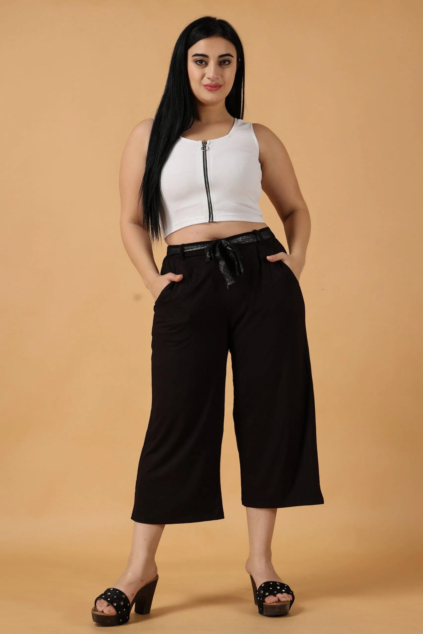 Black Solid Cropped Palazzo with Shimmer Belt