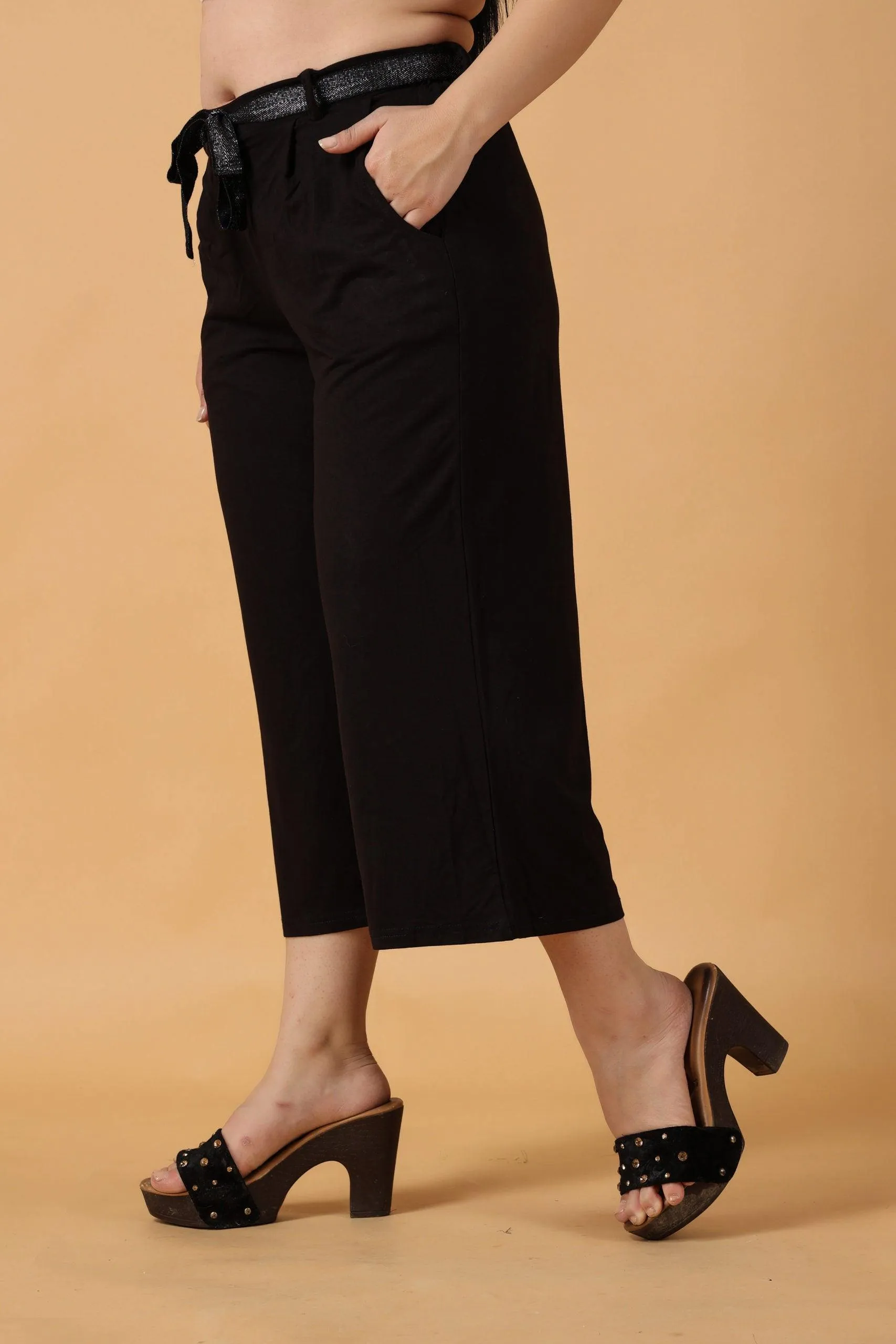 Black Solid Cropped Palazzo with Shimmer Belt