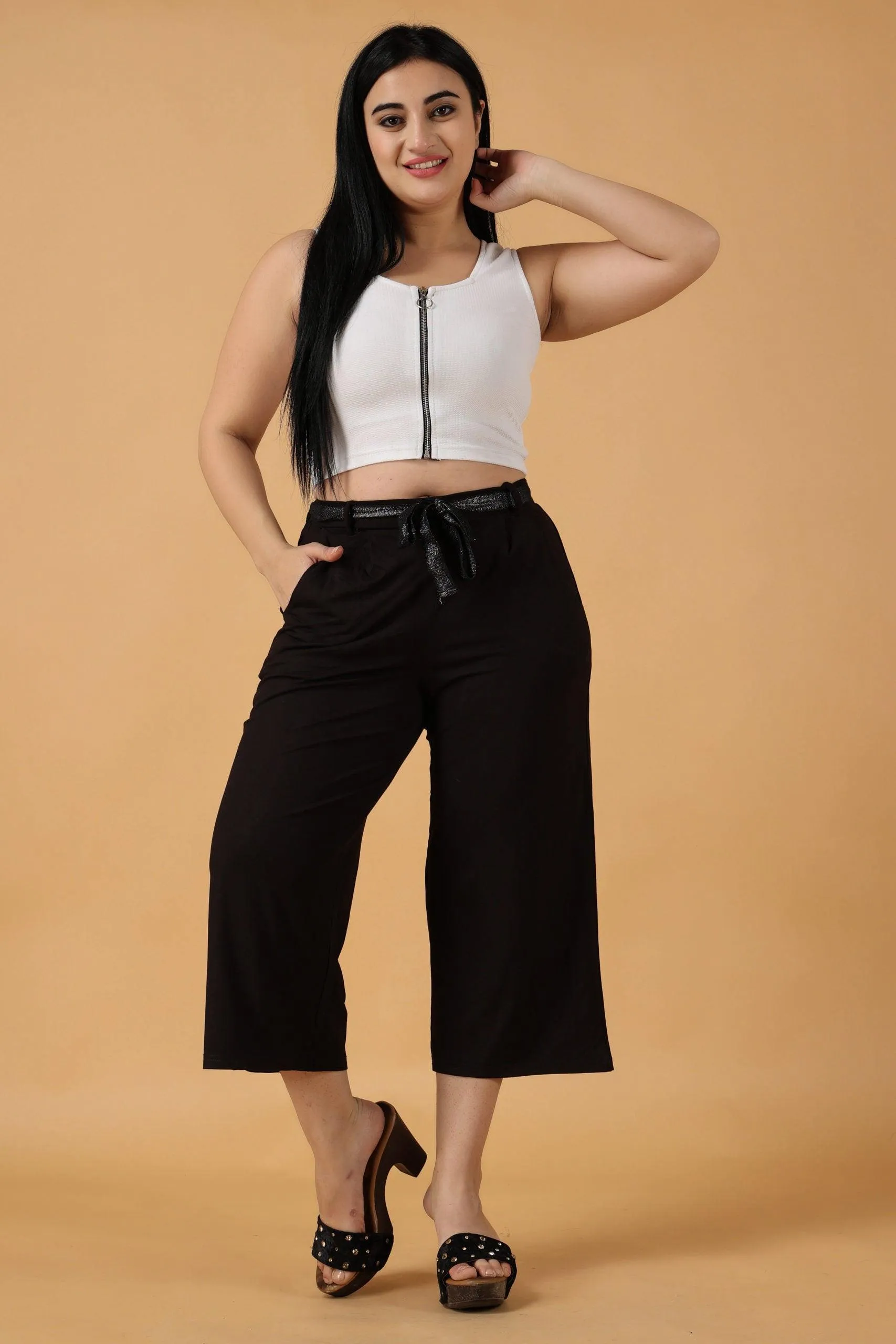 Black Solid Cropped Palazzo with Shimmer Belt