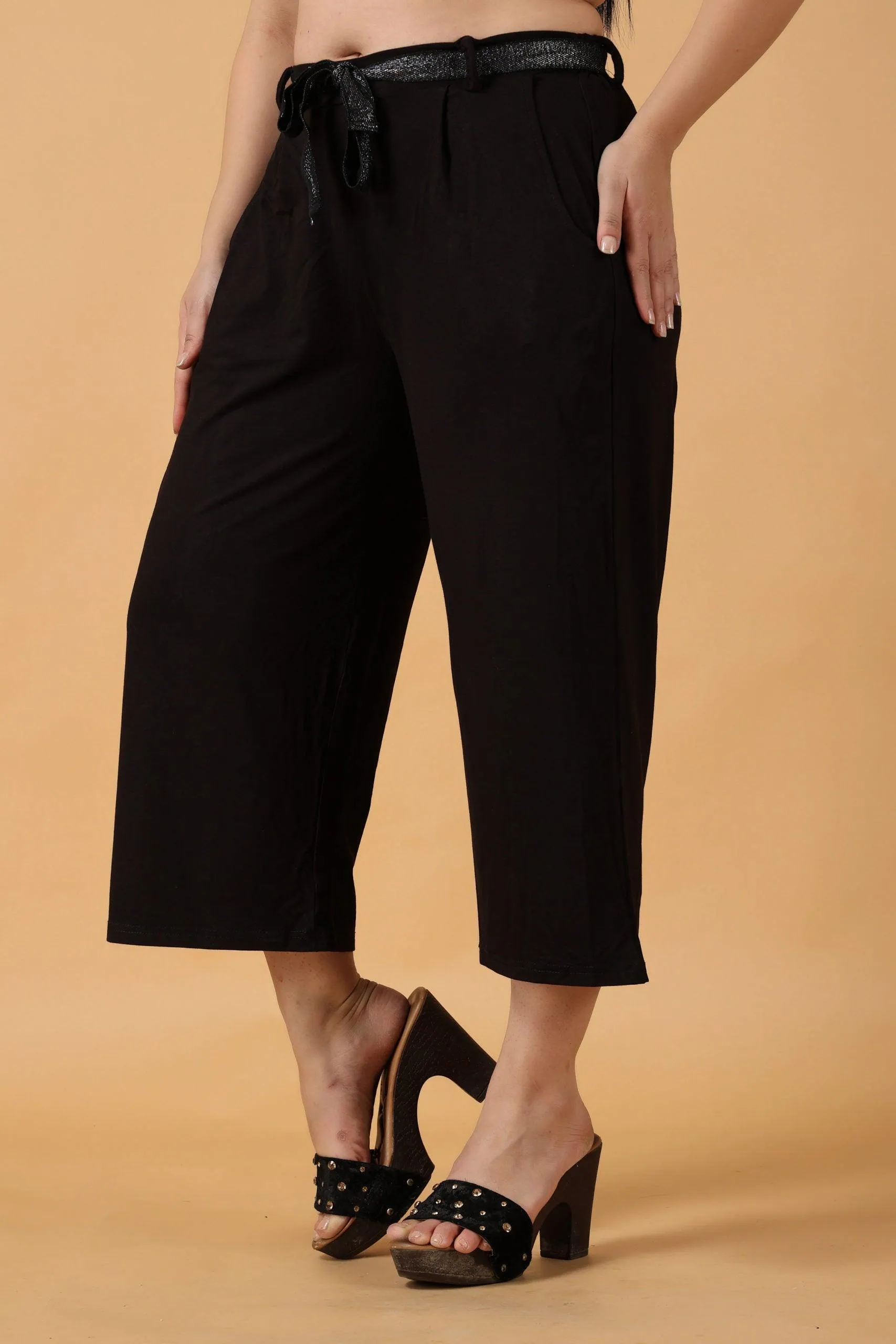 Black Solid Cropped Palazzo with Shimmer Belt