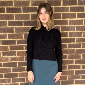 Black Wide Ribbed Collared Top