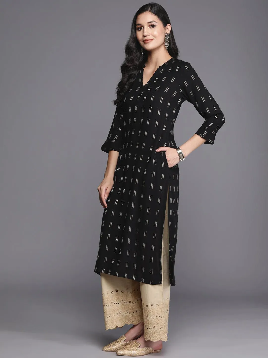 Black Woven Design Rayon Straight Kurta