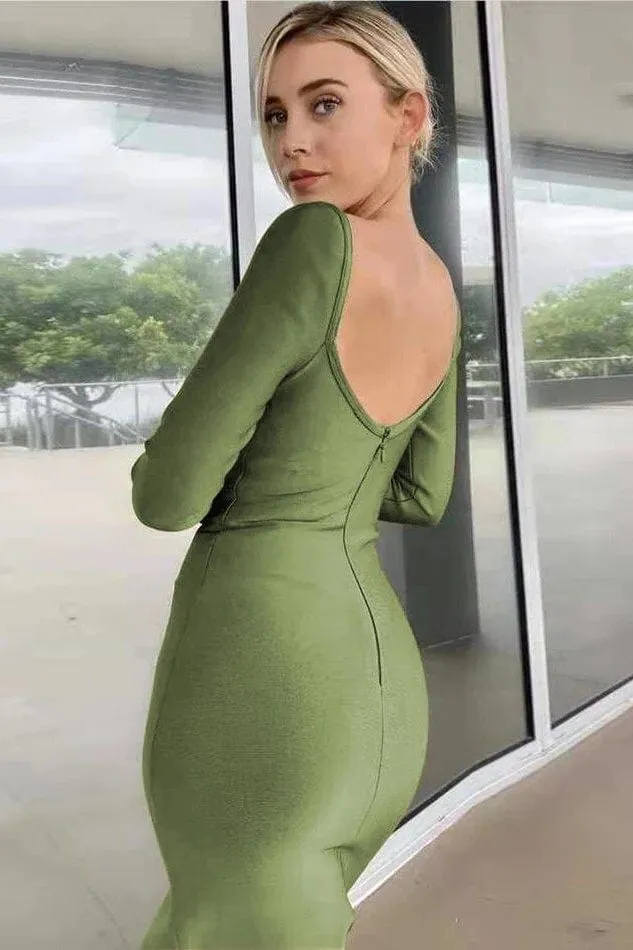 Blanche Long Sleeve Bandage Midi Dress - Olive Green