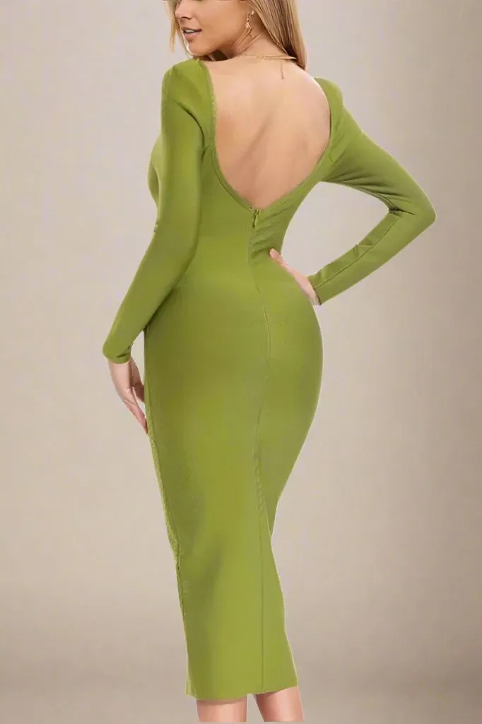 Blanche Long Sleeve Bandage Midi Dress - Olive Green