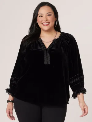 Blouson 3/4 Sleeve Split V-Neck Ruffle Placket Woven Plus Size Top