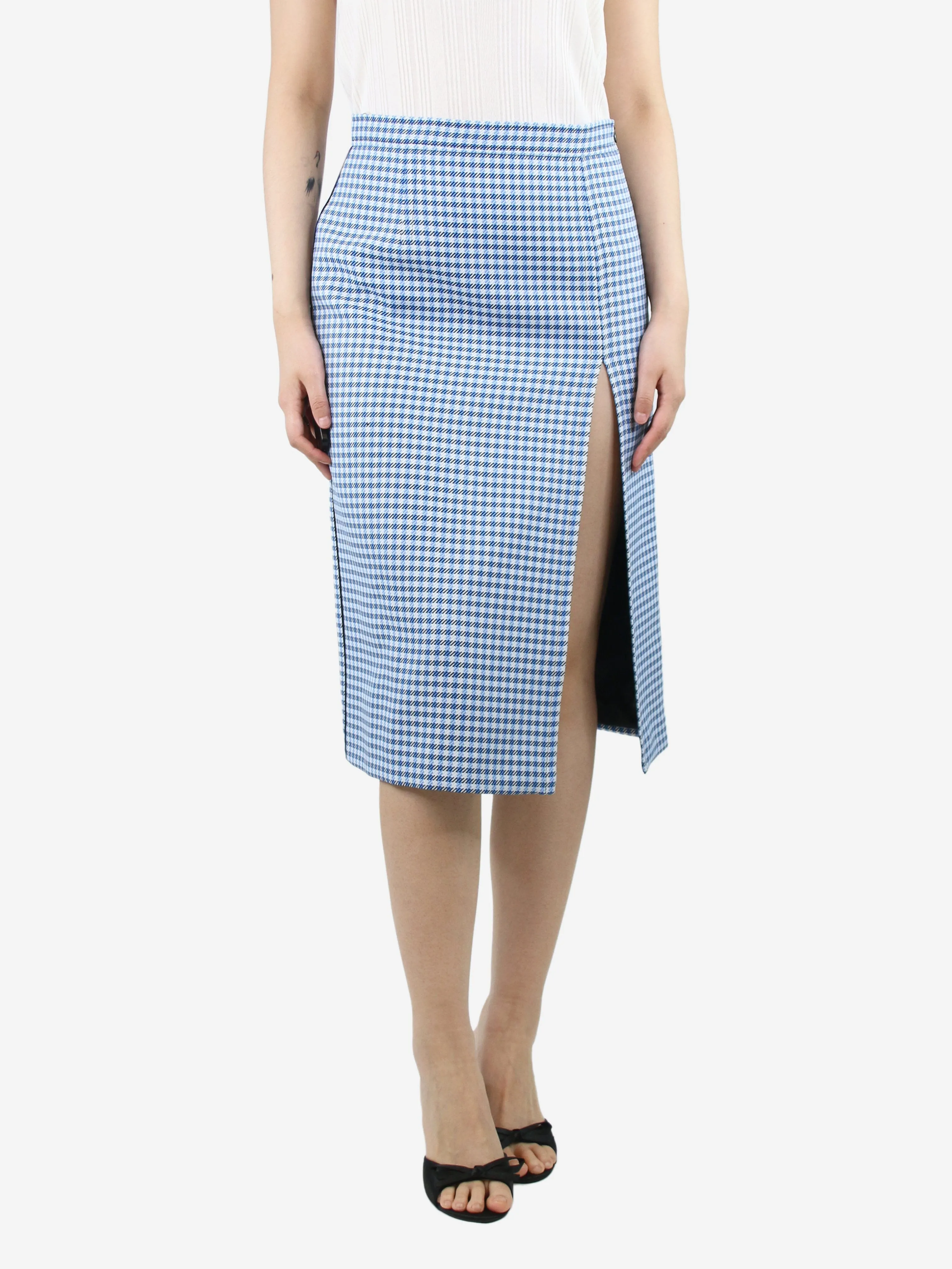 Blue check midi pencil skirt - size UK 10