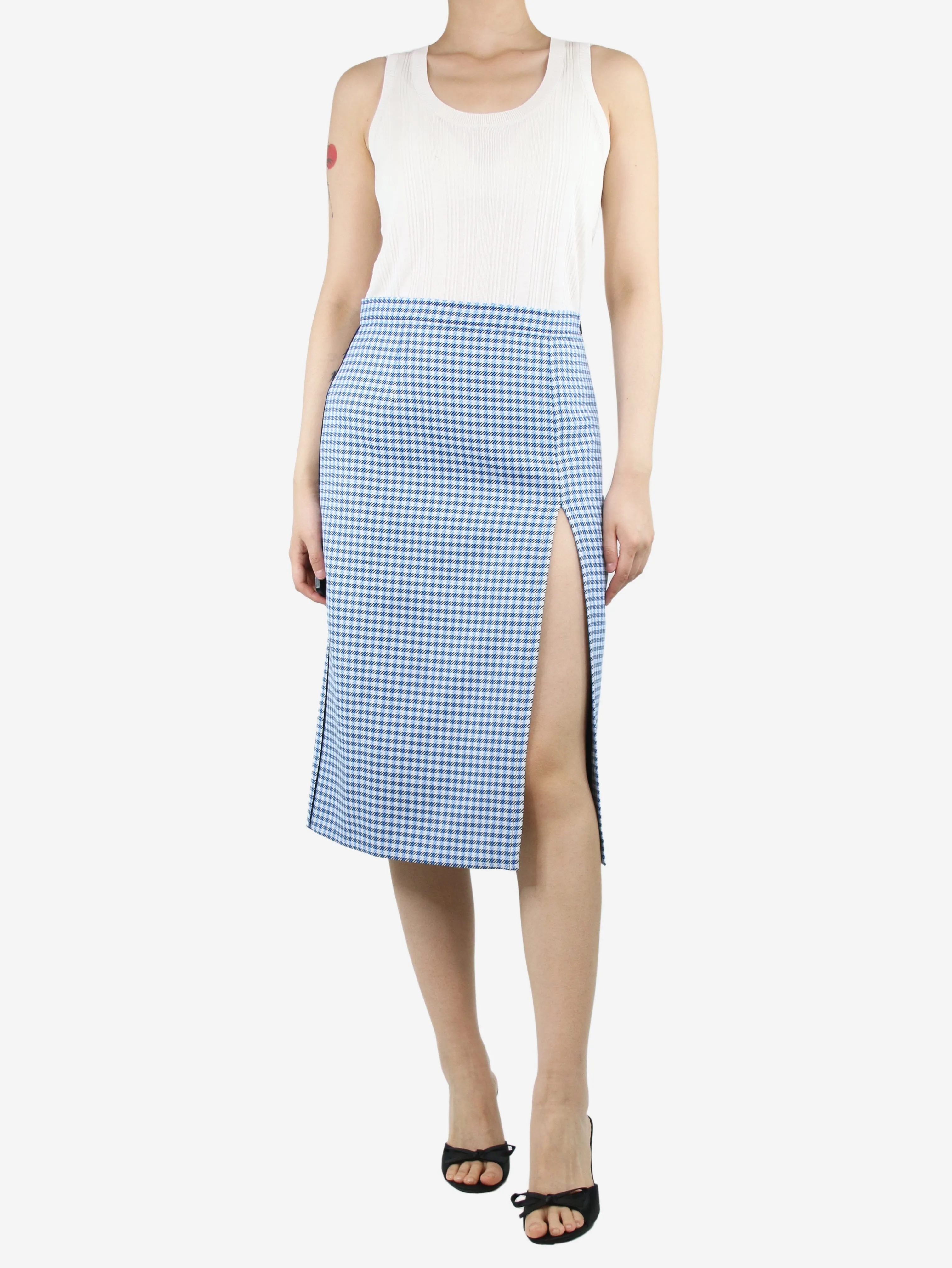 Blue check midi pencil skirt - size UK 10