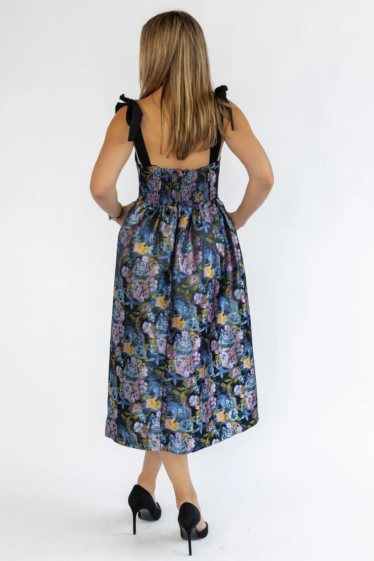 Breanna Navy Floral Jacquard Midi Dress