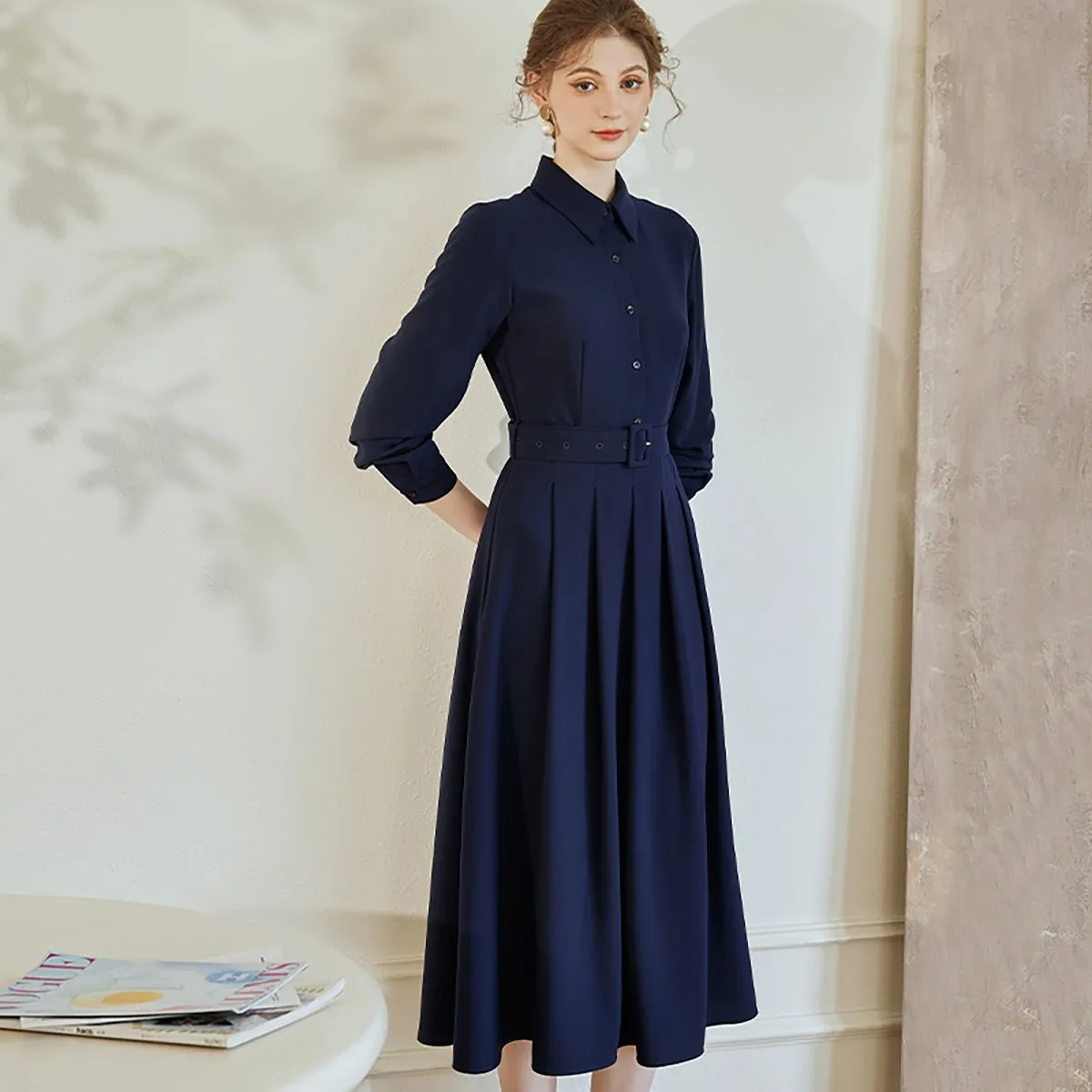 Buttoned Top Pleated Dress in Navy