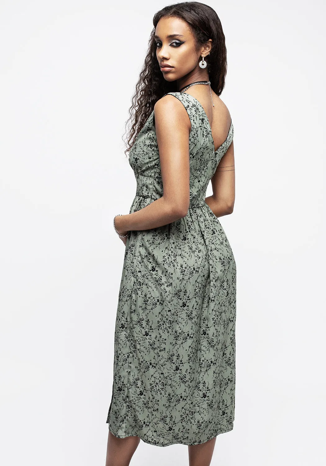 Cassie Green Floral Corset Button Midi Split Dress