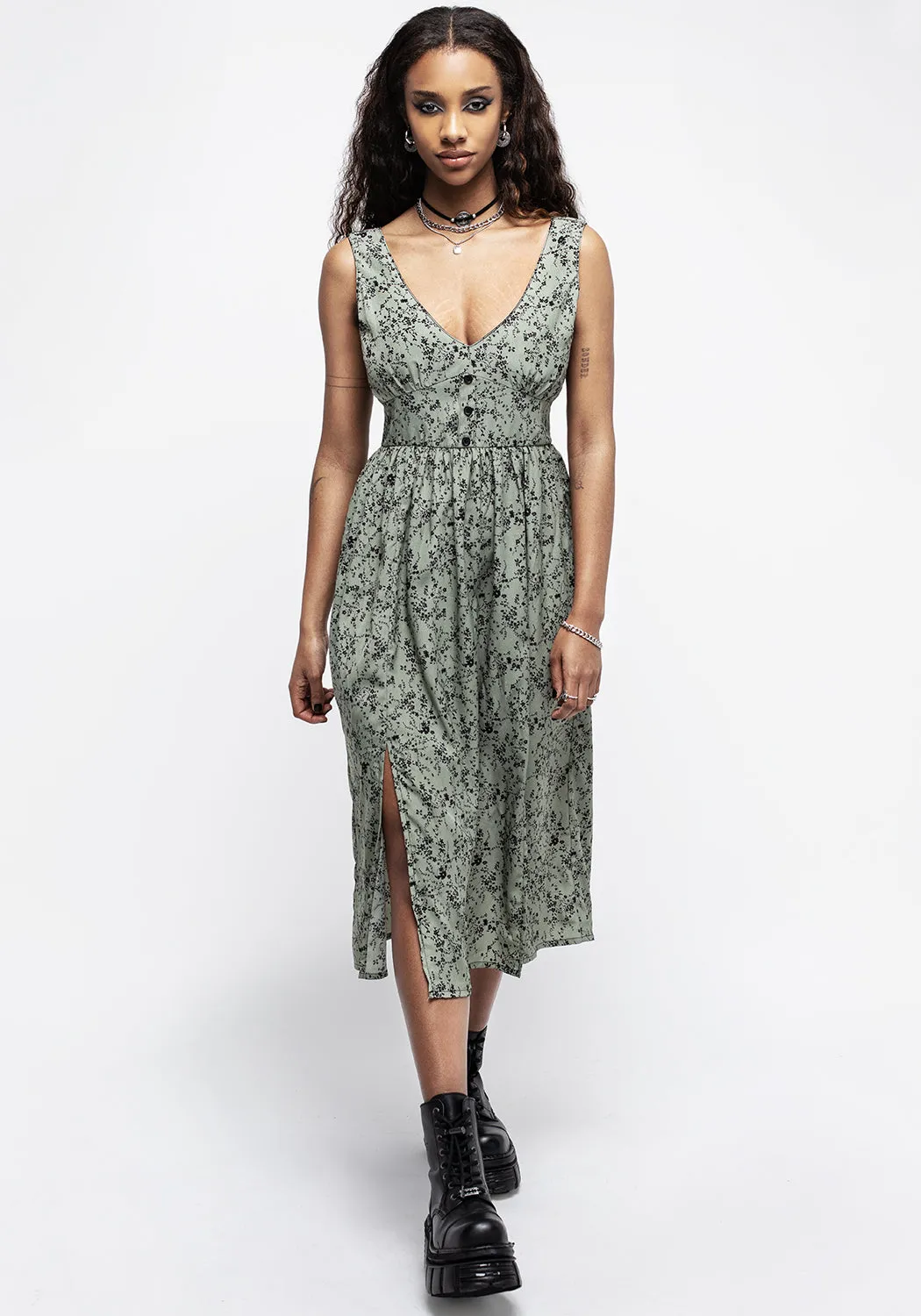 Cassie Green Floral Corset Button Midi Split Dress