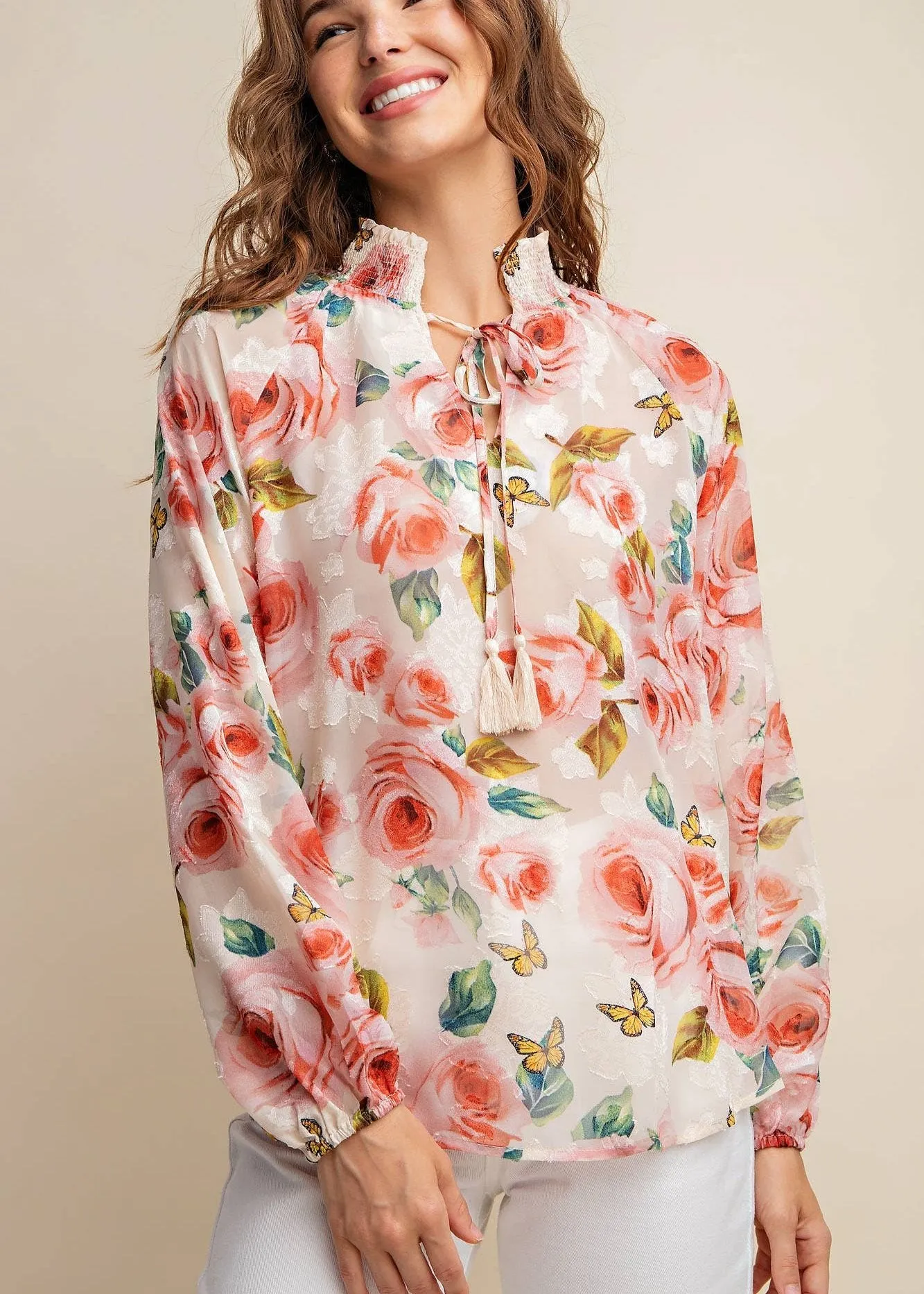 Chiffon Rose Print Smocked Detail Blouse ~FINAL SALE