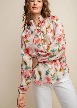 Chiffon Rose Print Smocked Detail Blouse ~FINAL SALE