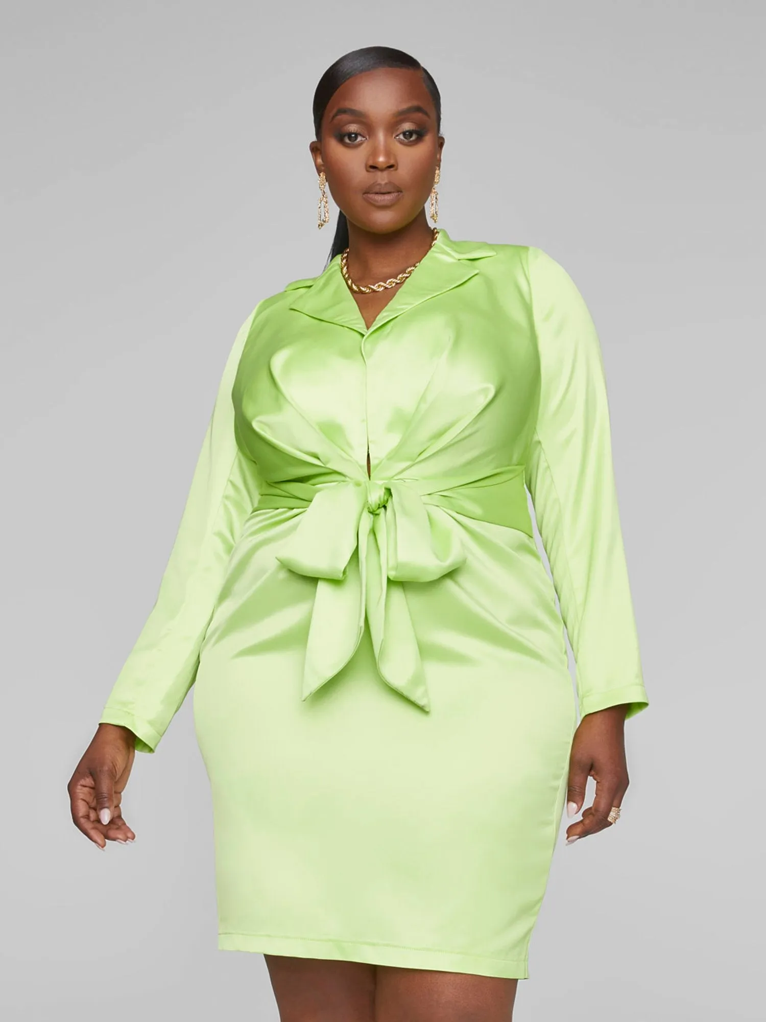 Chloe Tie Front Satin Shirt Dress