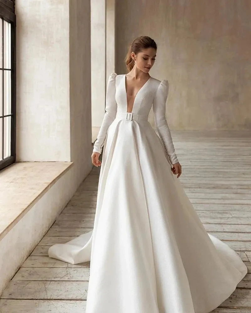 Classic Elegant Wedding Dresses A-Line Satin Bridal Gowns V-Neck Long Sleeves Robes For Formal Party Vestidos De Novia