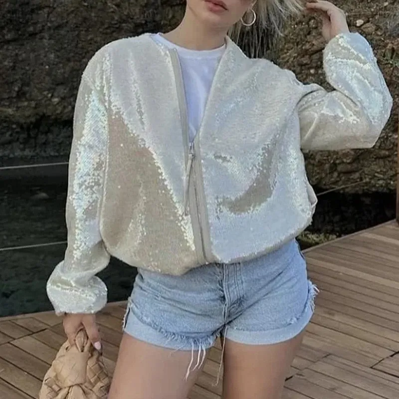 Collarless Sequin Bomber Jacket