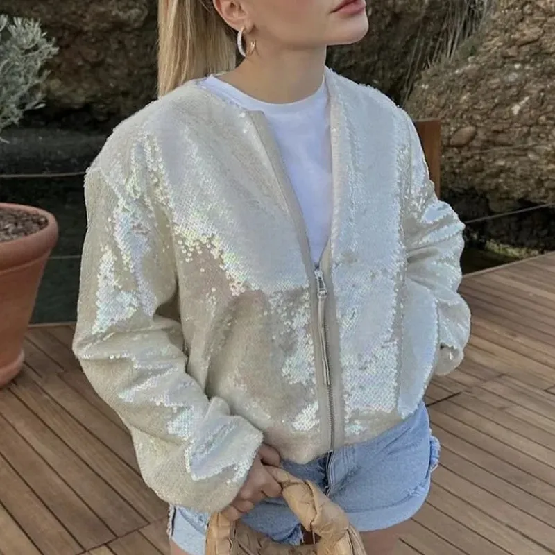 Collarless Sequin Bomber Jacket