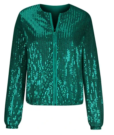 Collarless Sequin Bomber Jacket