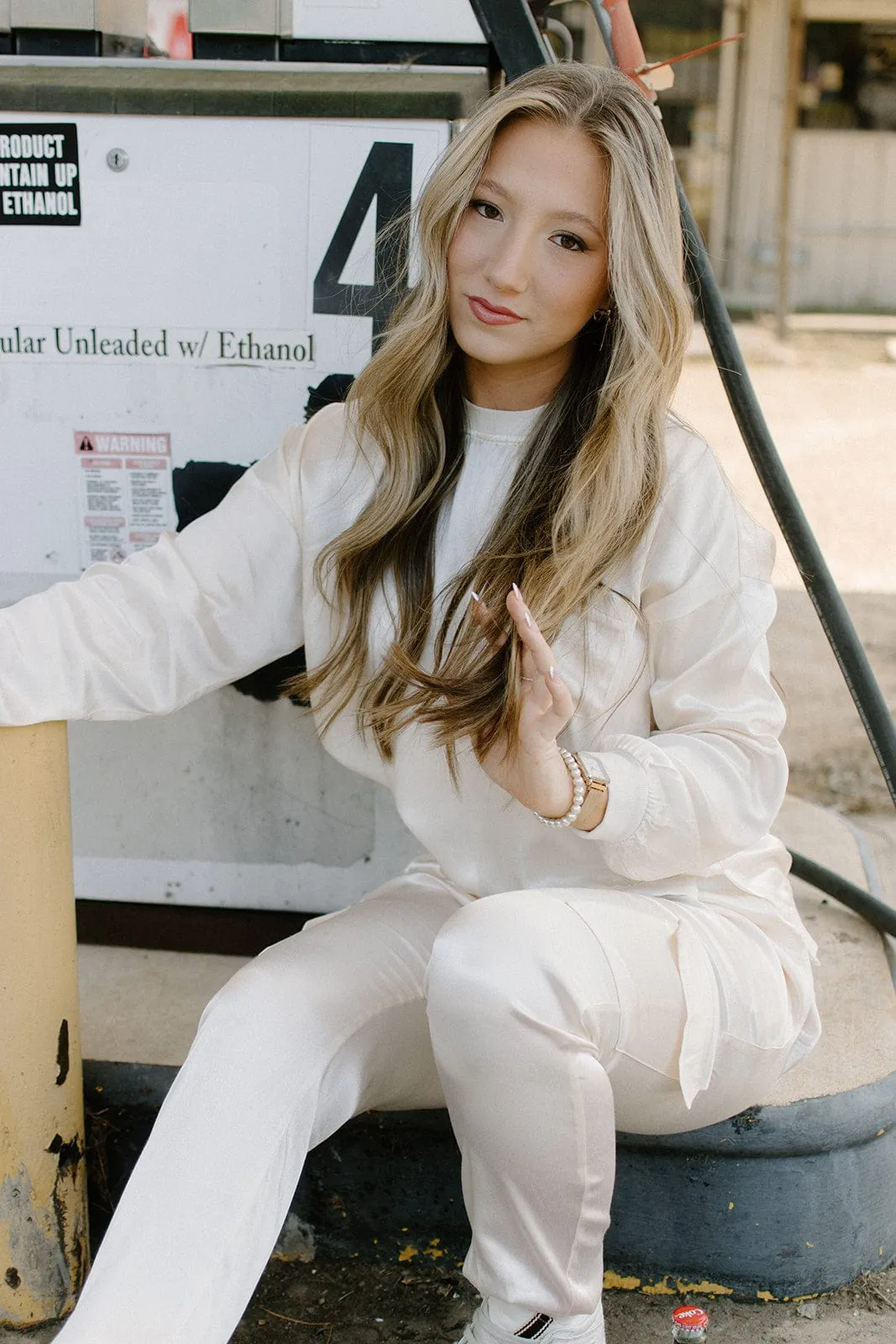 Cream Satin Set Long Sleeve Top