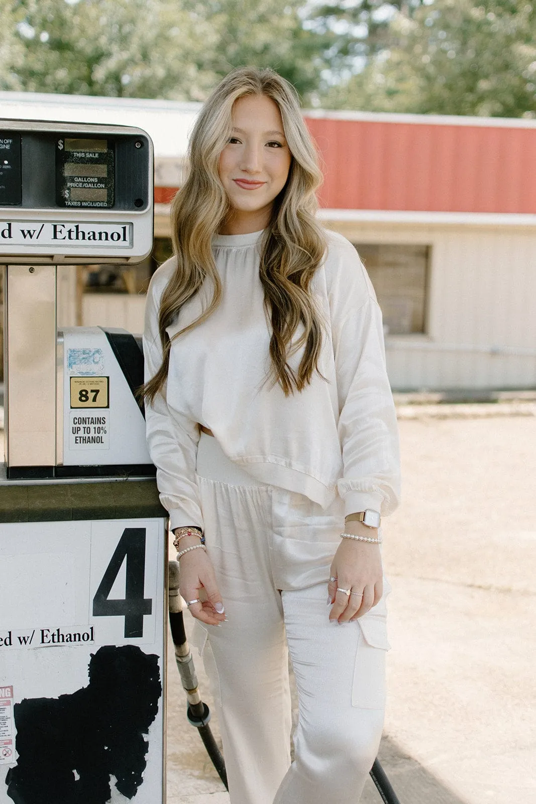 Cream Satin Set Long Sleeve Top