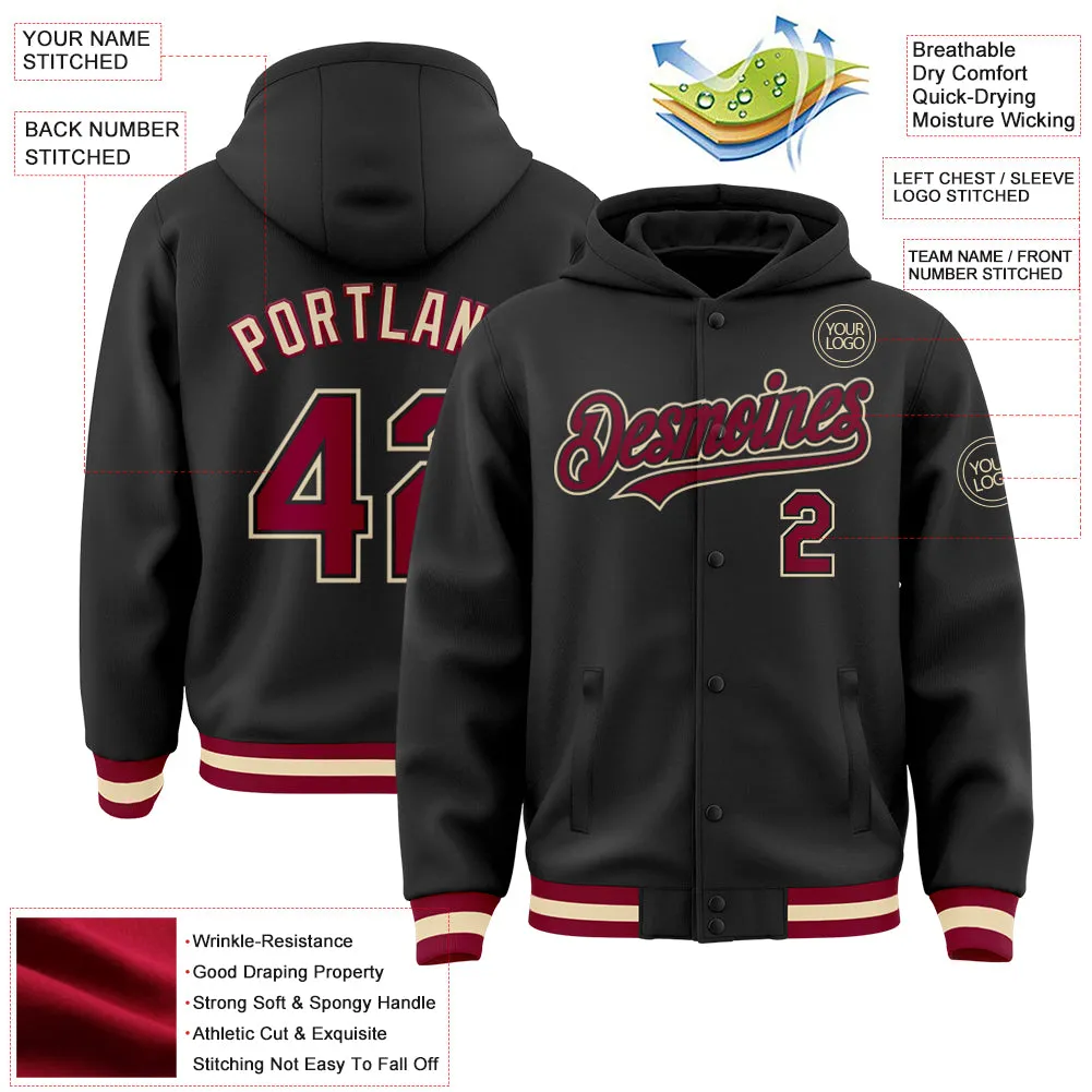 Custom Black Maroon-Cream Bomber Full-Snap Varsity Letterman Hoodie Jacket