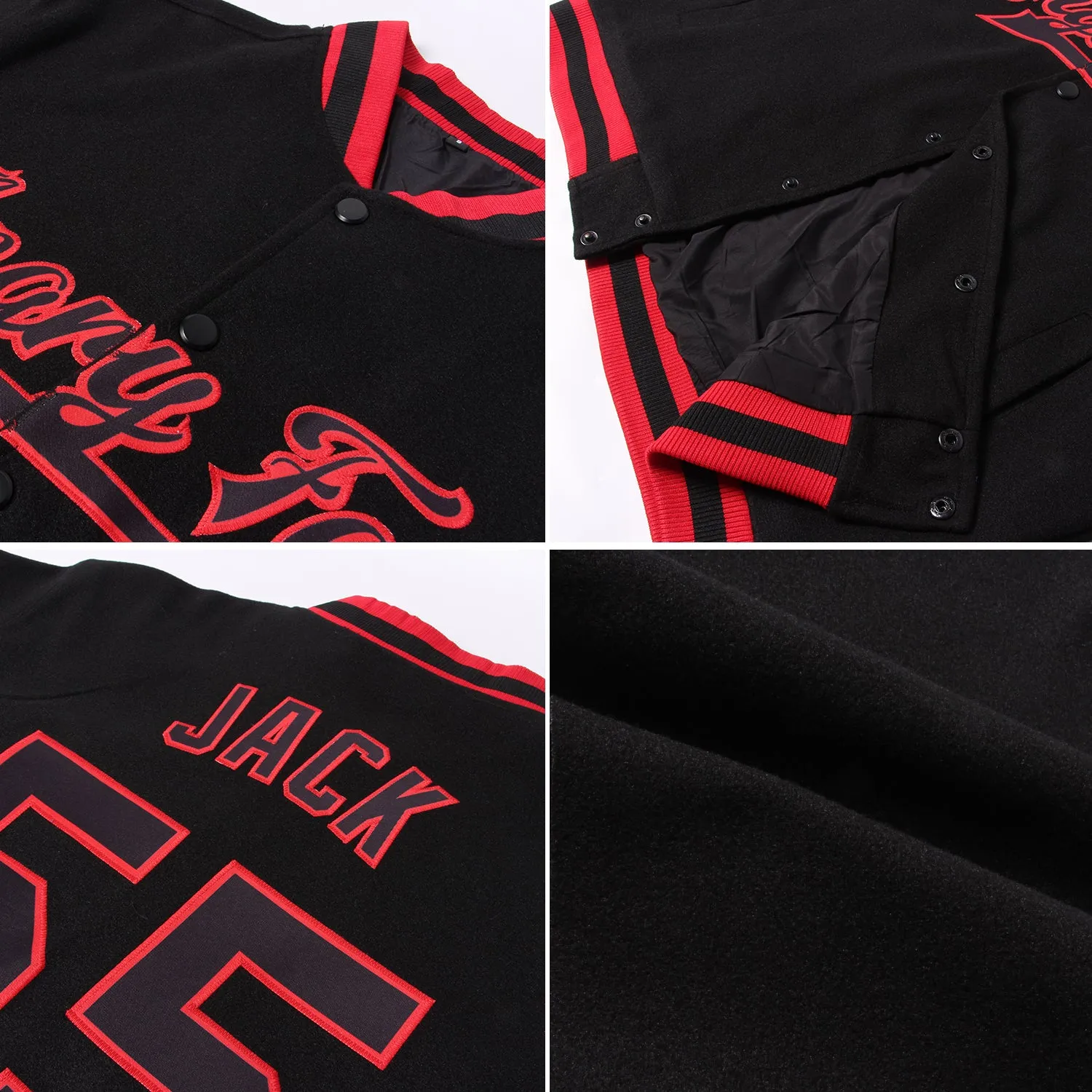 Custom Black Red Pinstripe Gold Bomber Full-Snap Varsity Letterman Jacket